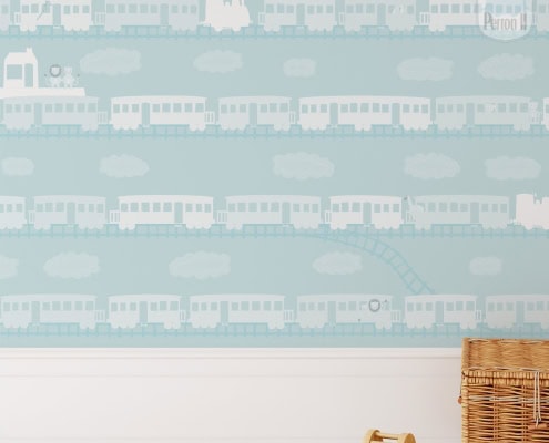Behang met treinmotief, kinderbehang, blauw en wit.