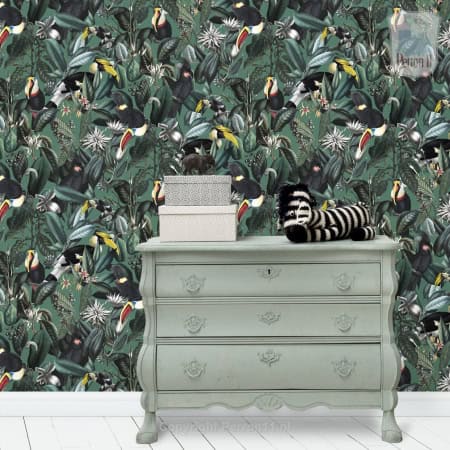 Behang met tropische vogels en jungle planten, kinderbehang.
