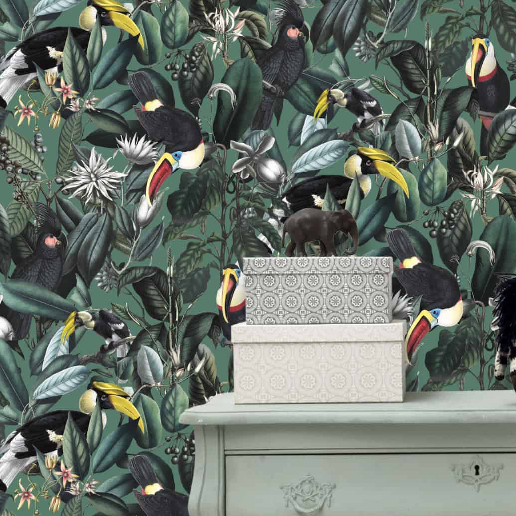 Behang Jungle met Tropische Vogels in babykamer