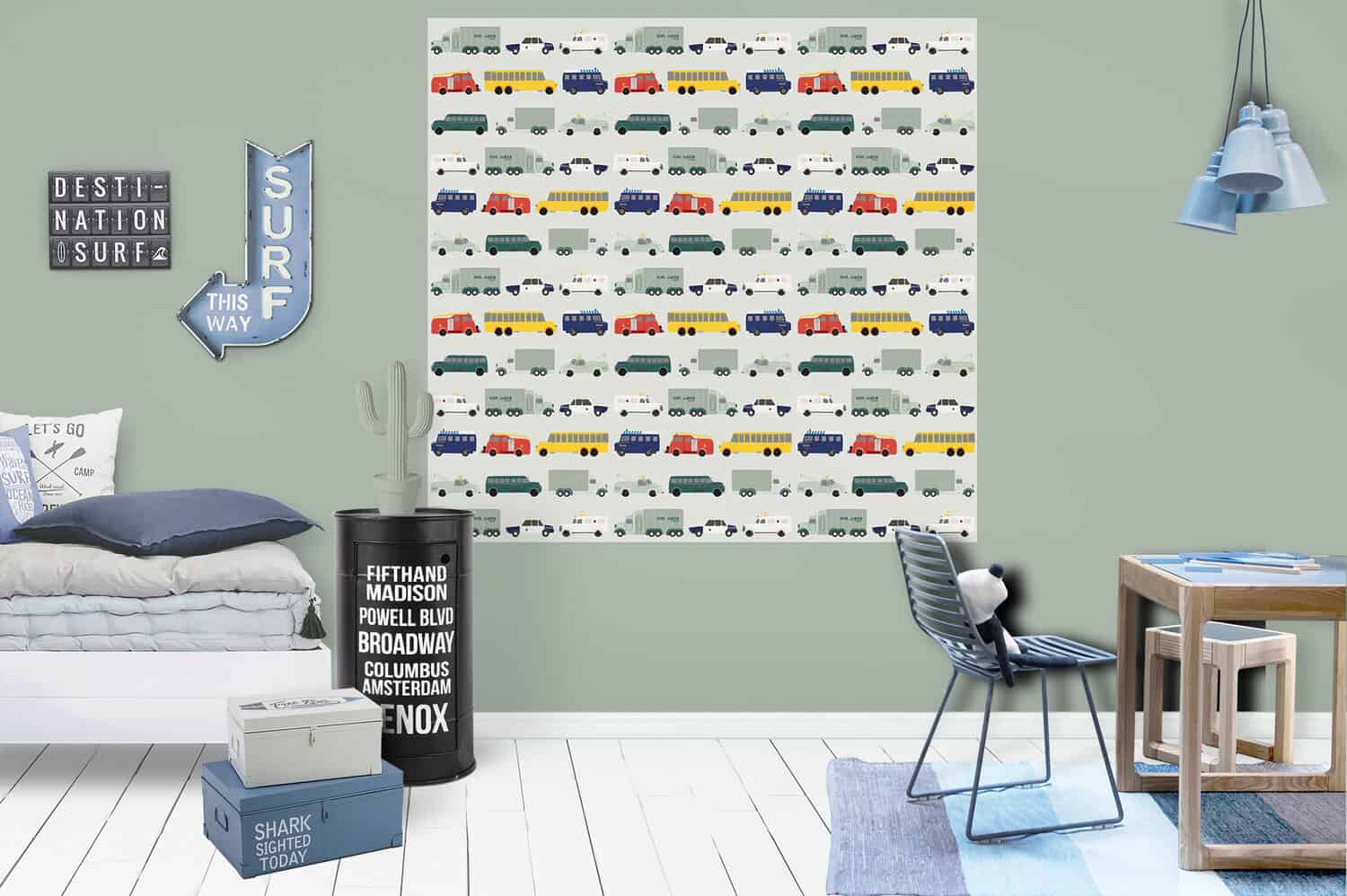 Kinderbehang met kleurrijke auto's, behang, kinderbehang.
