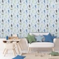 Kinderbehang met dansende figuren in blauw, groen en zwart.
