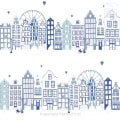 Behang, kinderbehang met Amsterdamse grachtenpandjes in blauw tinten.
