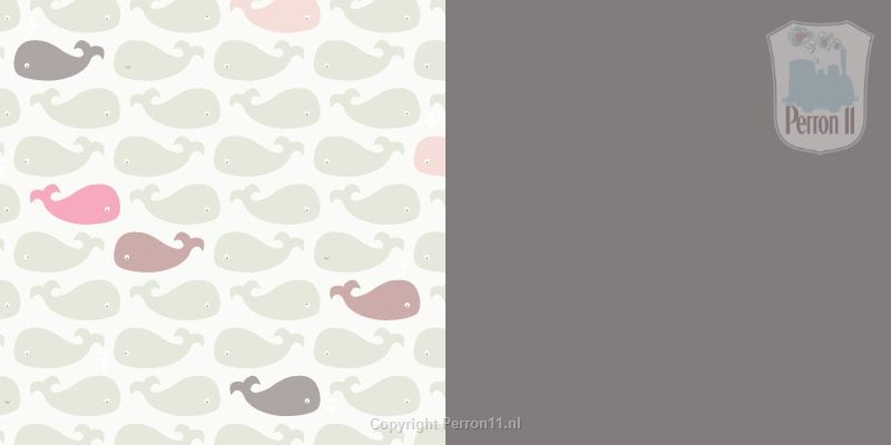 Behang met zachte pastel walvissen, kinderbehang voor de kinderkamer.