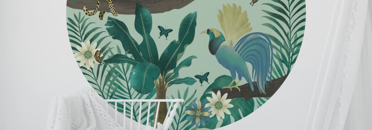 Kinderbehang met jungle dieren en planten, behang, kinderbehang.