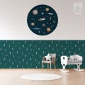Kinderbehang met ruimtevaartthema, planeten en raketten.