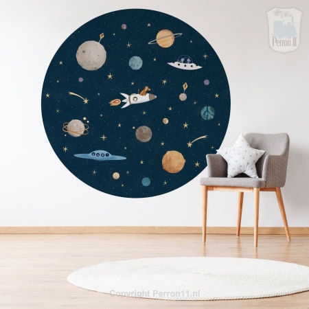 Behang met ruimte, planeten en aliens voor kinderbehang.