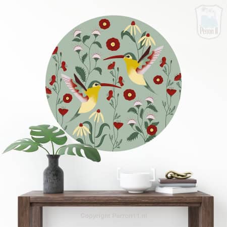 Behang, kinderbehang met vogels en bloemen in pastelkleuren.