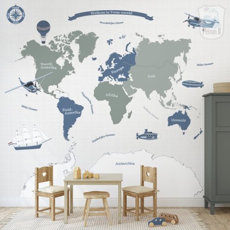 Kinderbehang met wereldkaart en luchtvaartthema, behang, kinderbehang.