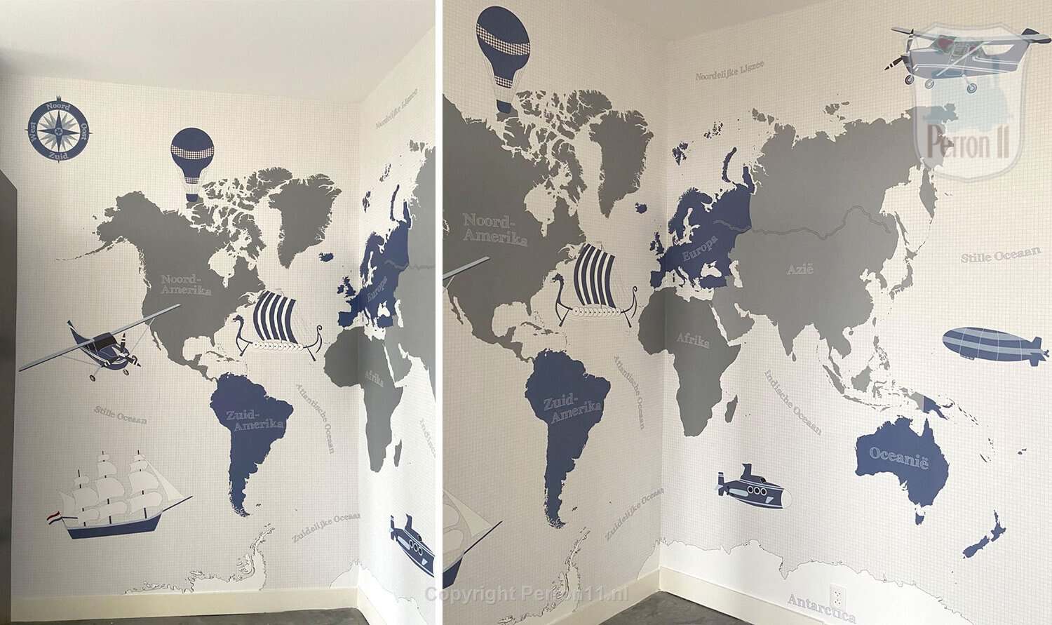 Wereldkaartbehang op maat met vikingschip in de kinderkamer van een klant