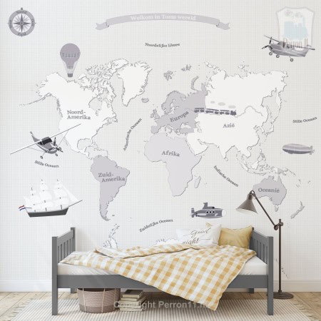 Behang met wereldkaart, kinderbehang, in kinderkamer.